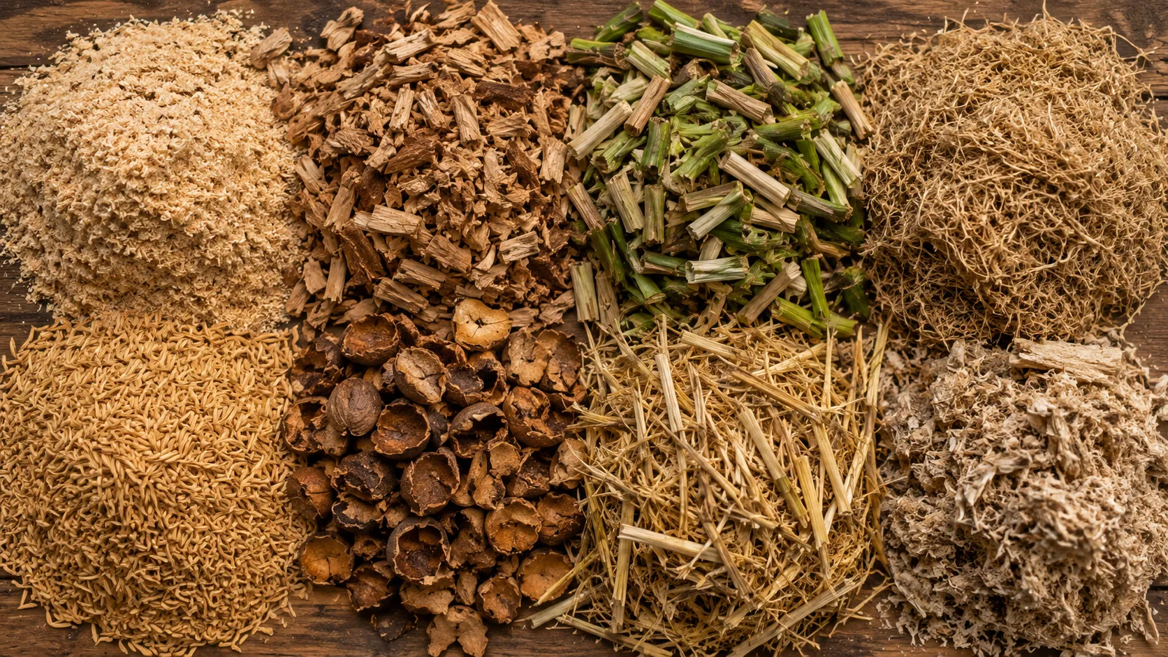 Raw materials used in biomass pellet production — sawdust, rice husk, wood chips, groundnut shells, wheat straw and agricultural residues
