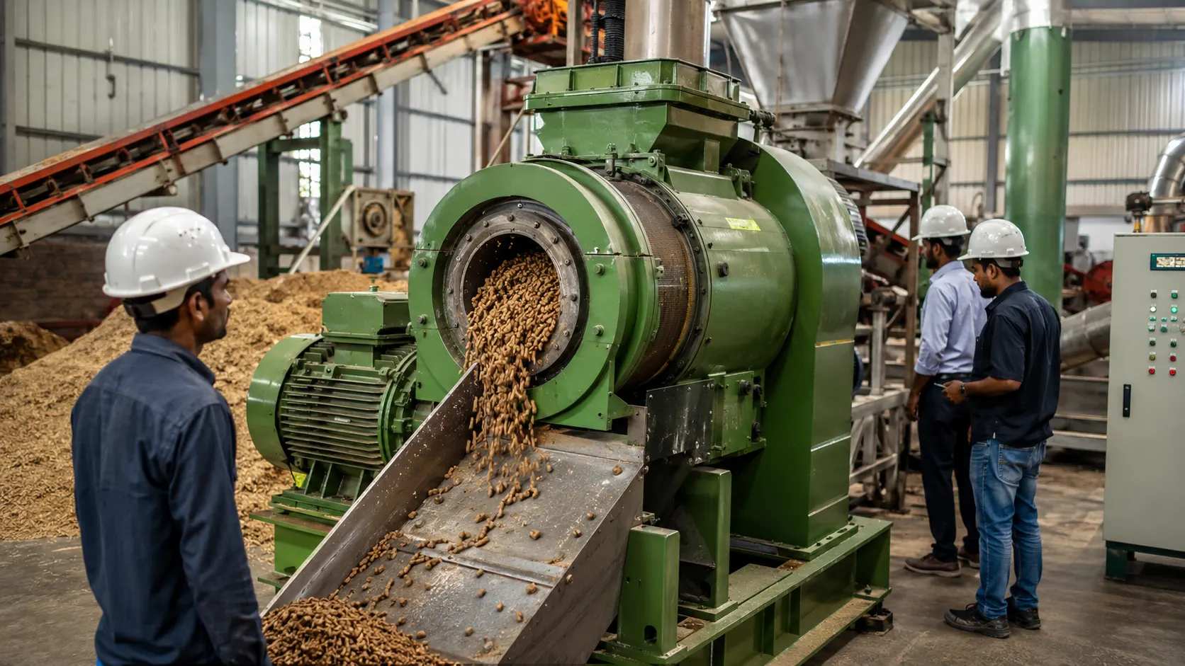 Biomass wood pellet machine manufacturer in India — industrial ring die pellet mill producing wood pellets