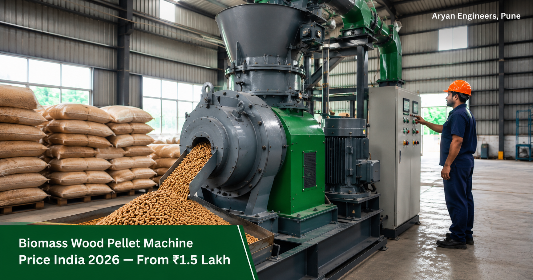 Biomass wood pellet machine price in India 2026,  Aryan Engineers Pune manufacturer