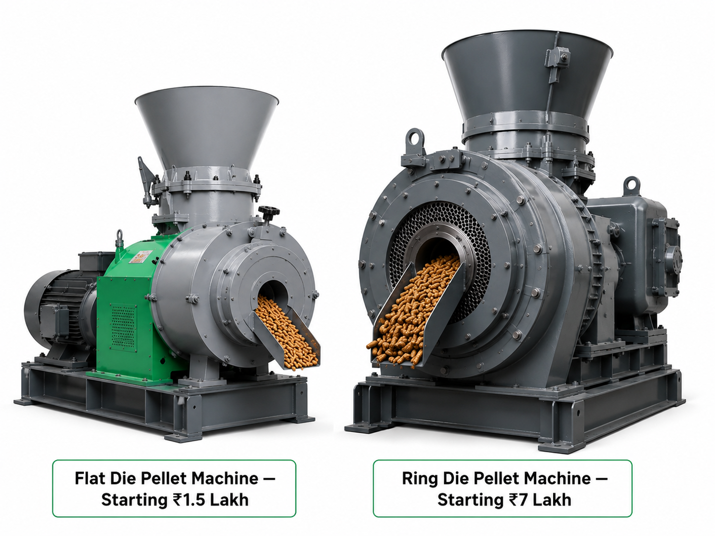 Flat die vs ring die biomass wood pellet machine price comparison India 2026